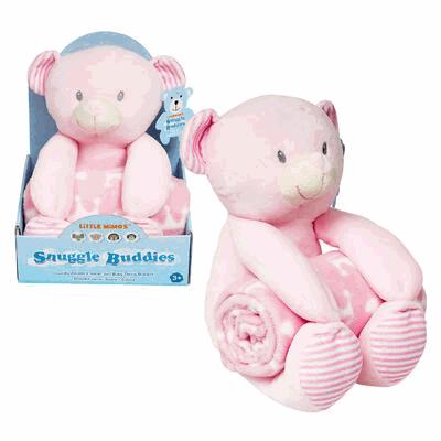 BLANKET,PINK/WHTwBEAR PLUSH TO