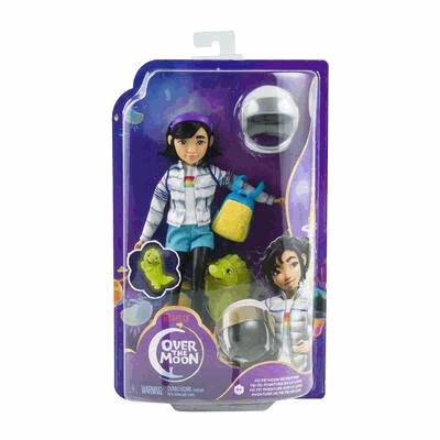 Toy figure in packaging with 'Over the Moon' branding on a white background