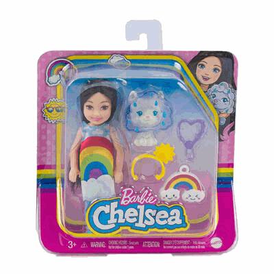 Barbie Chelsea doll packaging with rainbow elements on a white background