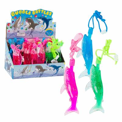 Colorful bubble bottles shaped like dolphins with packaging in the background