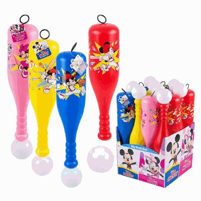 Colorful Mickey Mouse-themed bat and ball set with packaging on a white background