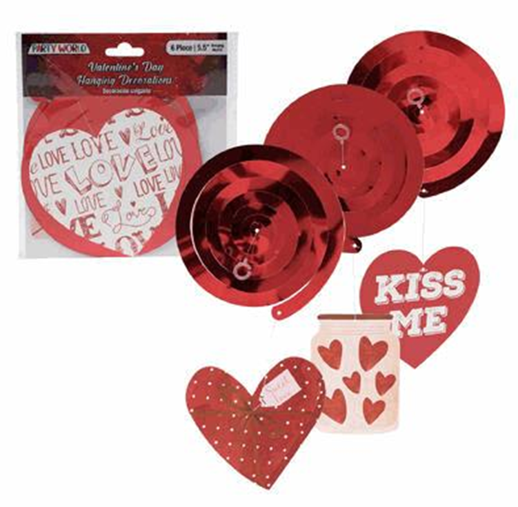 Valentine’s Day Hanging Heart Decor, 6pc Set – 5.5" Assorted Designs