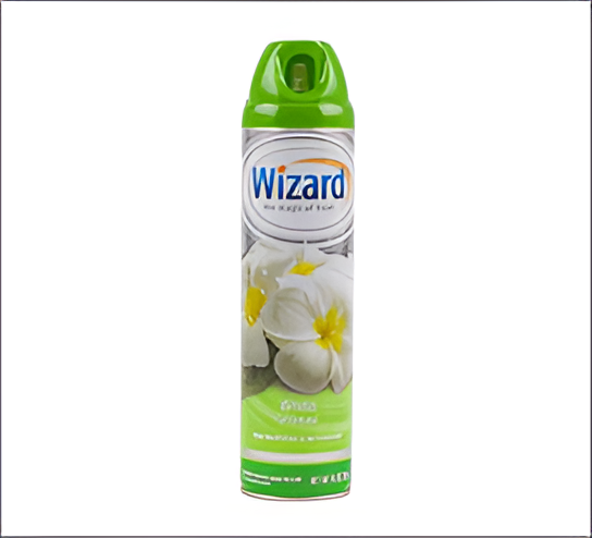 Wizard air freshener can with floral design on a white background