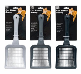 Three cat litter scoops with packaging on a white background