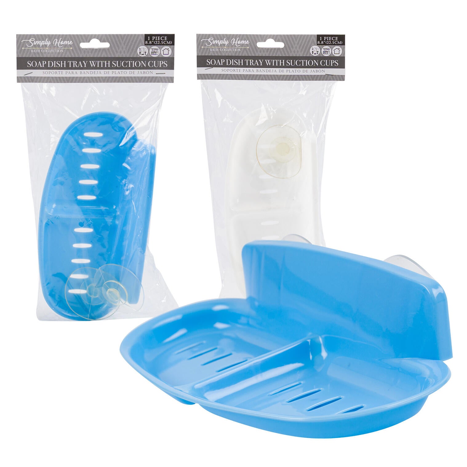 Blue soap dish tray with suction cups on a white background