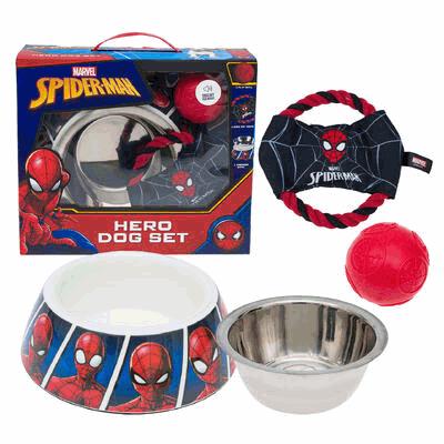Spider-Man themed pet product set including bowls, a ball, and a tug toy with packaging.