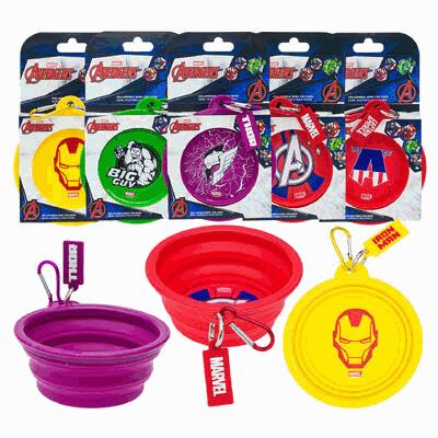 Set of Marvel-themed pet products including bowls and tags on a white background