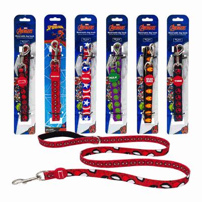 Set of Marvel-themed dog collars and leashes in packaging on a white background