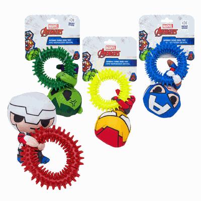 Set of Marvel Avengers-themed dog toys with packaging on a white background