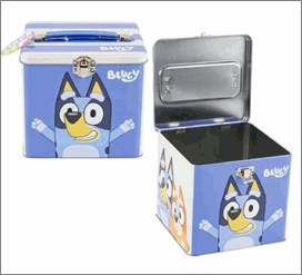 Blue and white box with cartoon character design on a white background