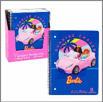 Two notebooks with a pink car design on the cover, featuring the Barbie logo.