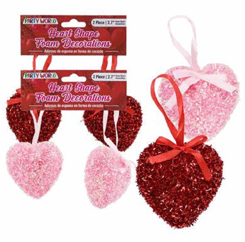 Valentine’s Day Heart Glitter Decor, 2pc Set – 2.7" Assorted Designs