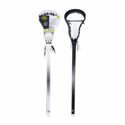 Two lacrosse sticks with white strings on a white background