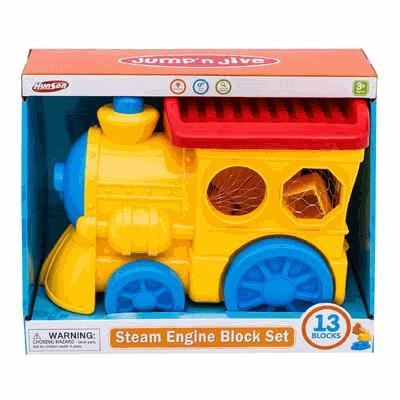 Toy steam engine block set in packaging with 'Jump n' Jive' branding.