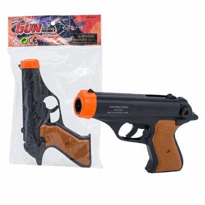 Toy gun with brown and black design, orange accents, and packaging on a white background