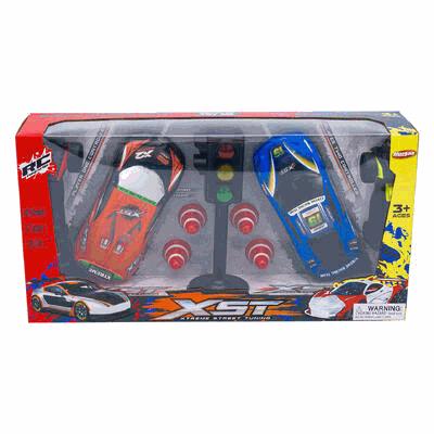 Toy car set in packaging with red, blue, and yellow colors on a white background