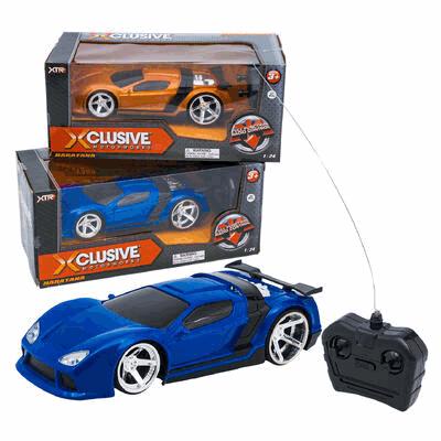 Blue toy car with remote control and packaging on a white background