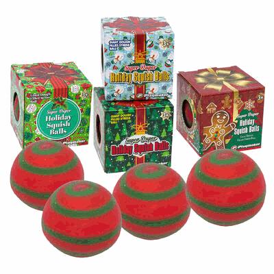 Red and green striped holiday squash balls with packaging on a white background