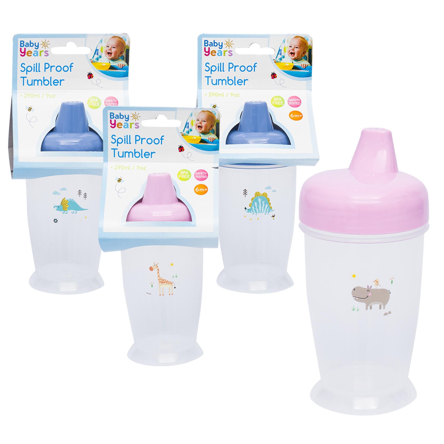 Baby spill proof tumblers with packaging on a white background