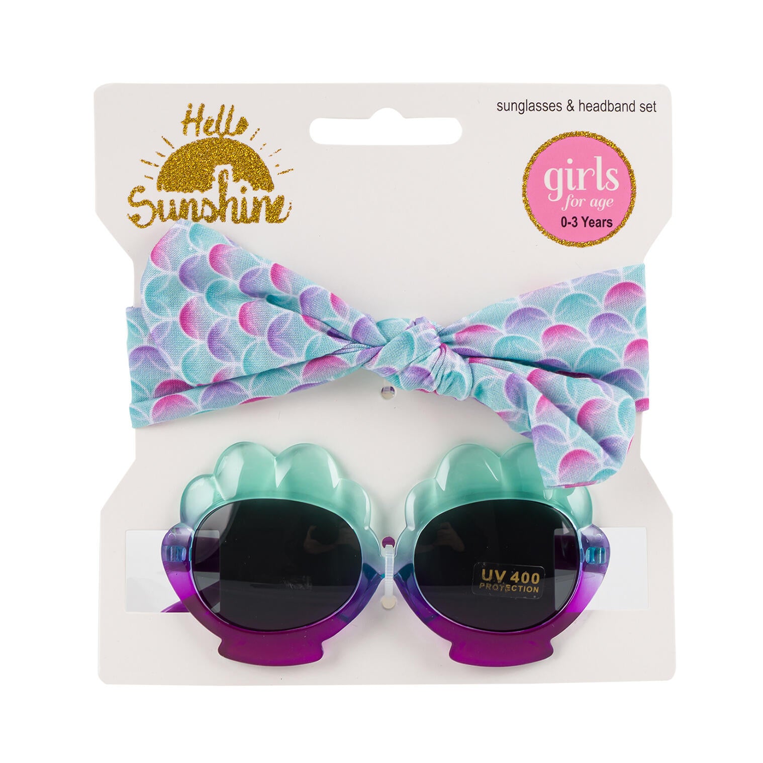 Packaged sunglasses and headband set with 'Hello Sunshine' branding on a white background