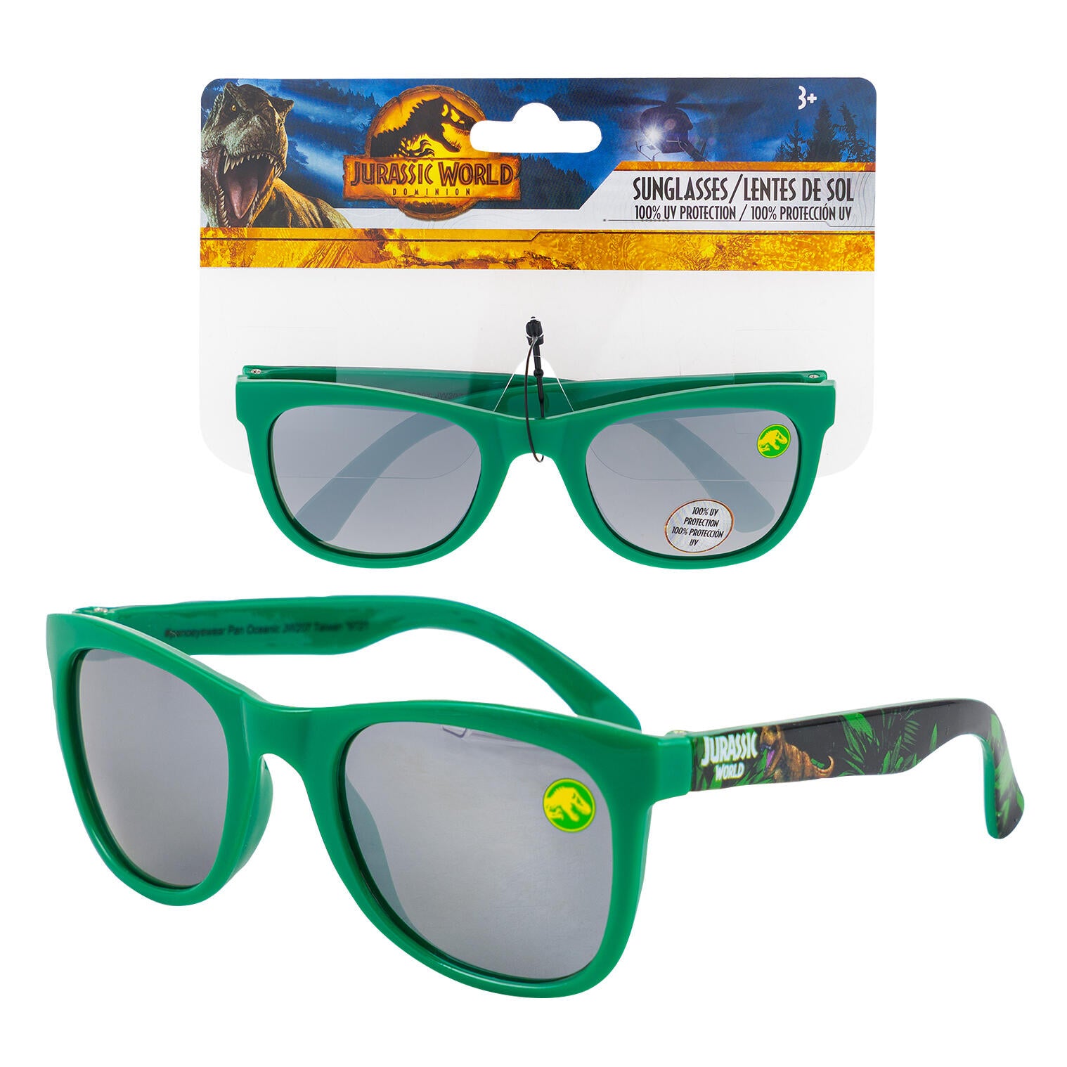 Green sunglasses with 'Jurassic World' branding on a white background