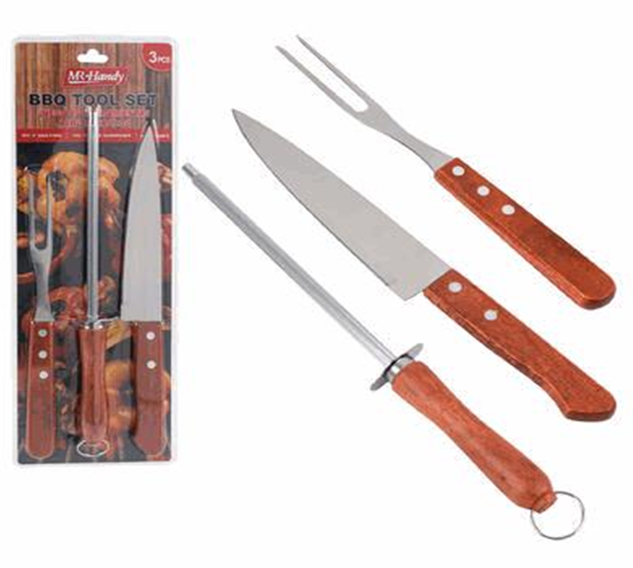 3-Piece Stainless Steel BBQ Tool Set with Wood Handles