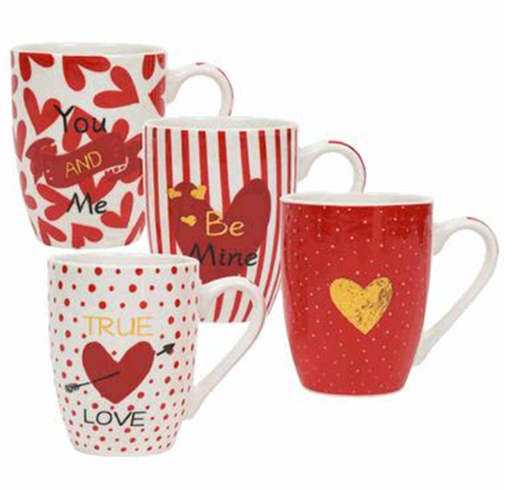 Valentine’s Day Ceramic Mug, 12oz Heart Design – 4 Assorted Styles