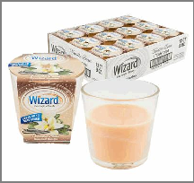 Glass of milk and carton of Wizard milk on a white background