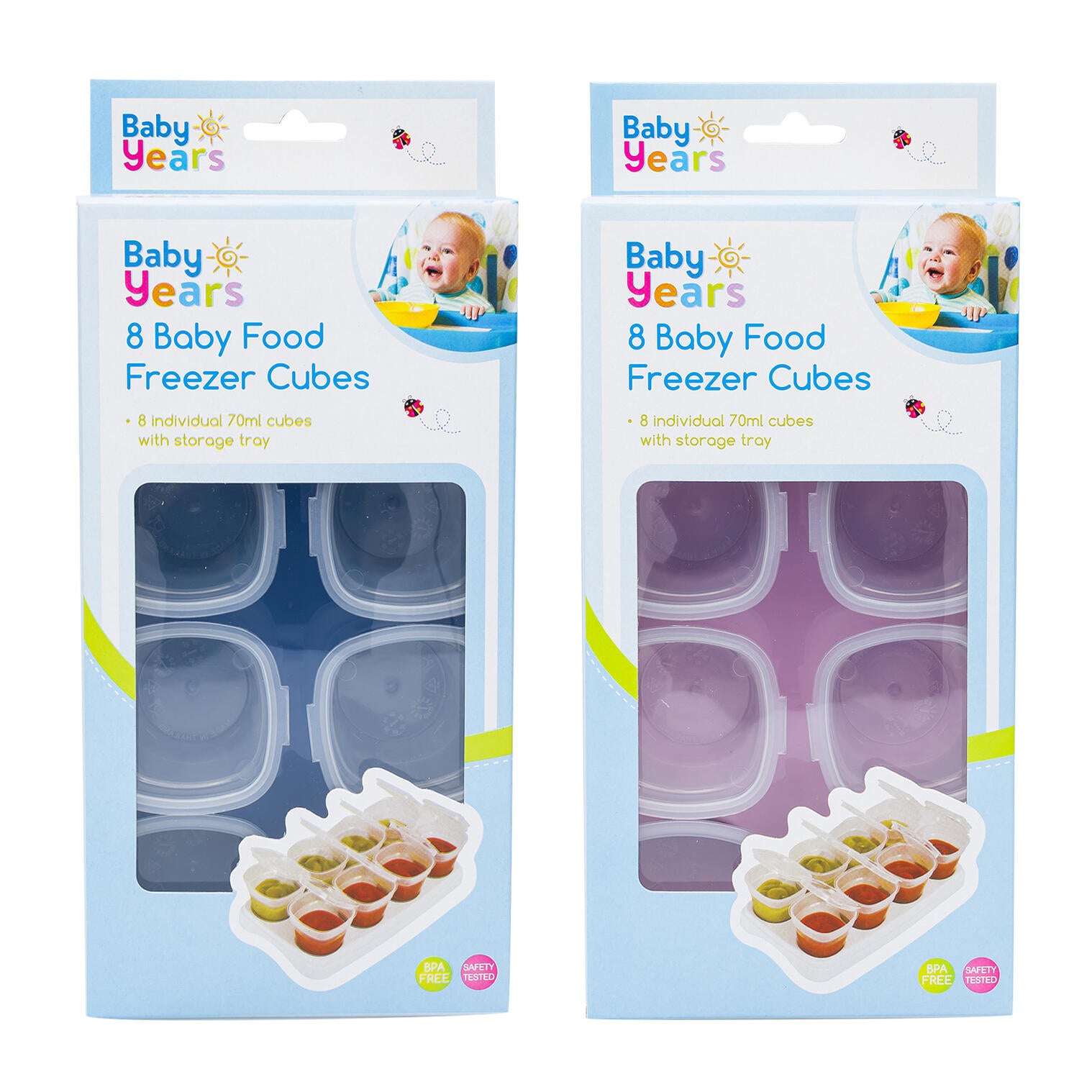 Two packages of Baby Years baby food freezer cubes with clear windows showing the silicone trays.