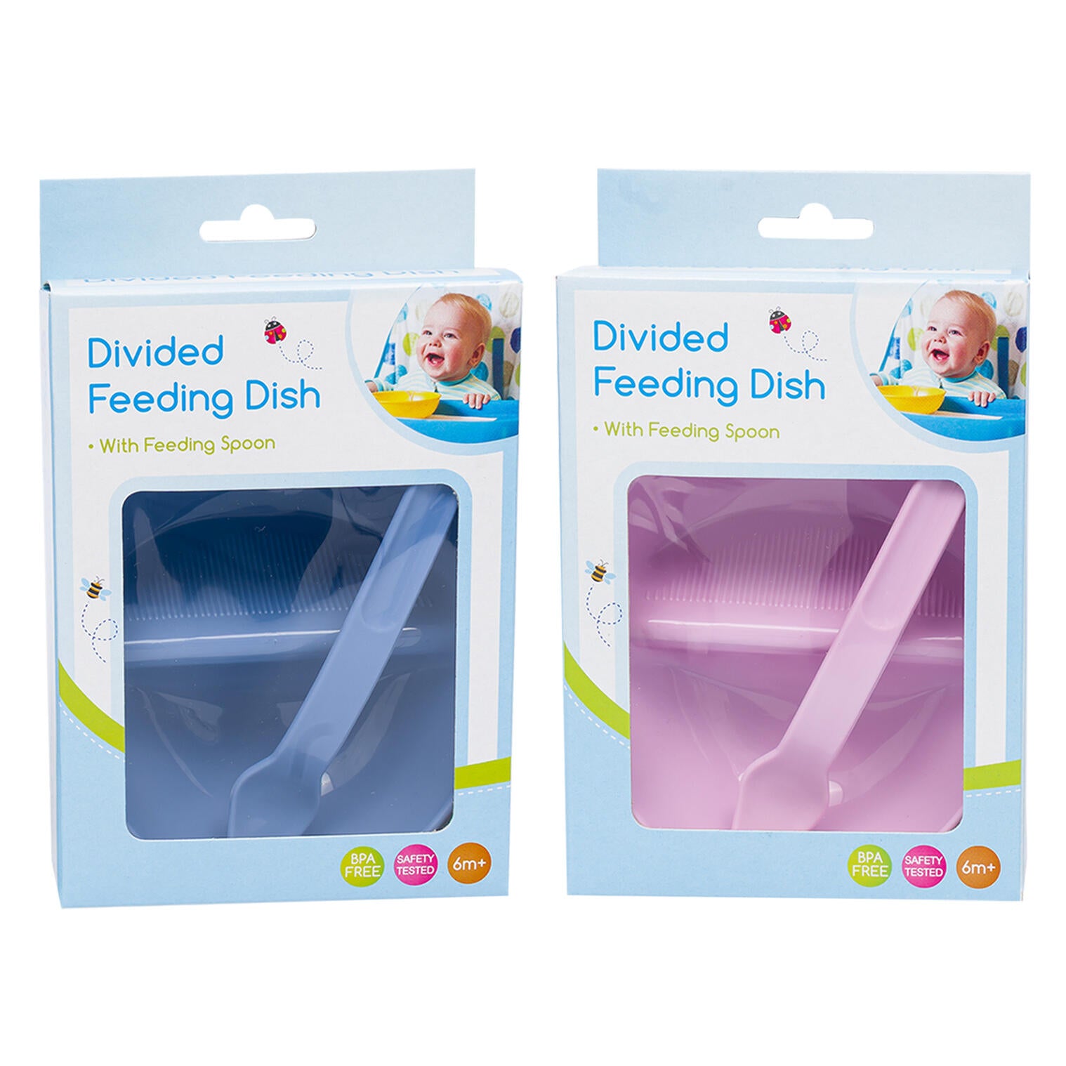 Two packages of divided feeding dishes with spoons on a white background