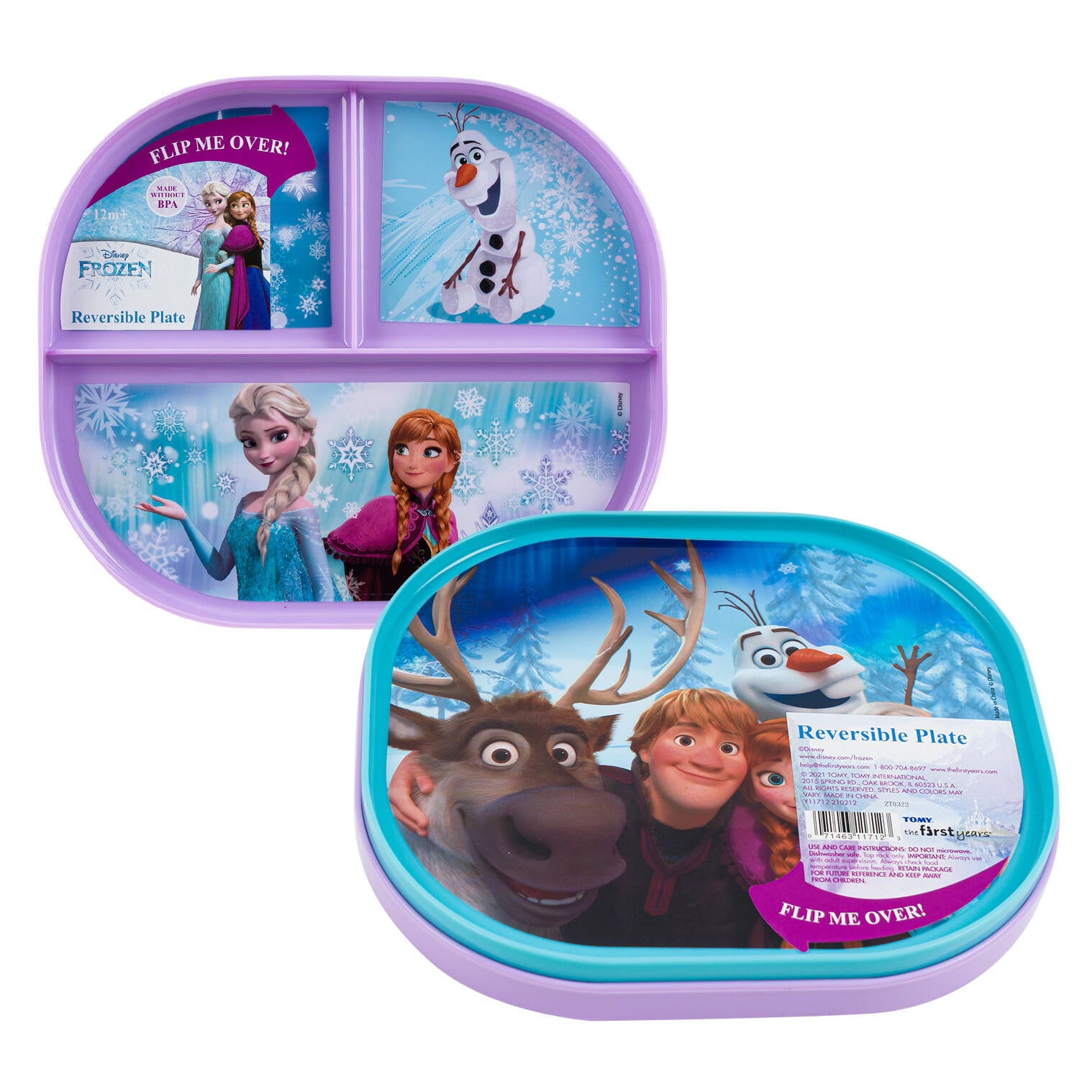 Two Disney Frozen reversible plates with character designs on a white background