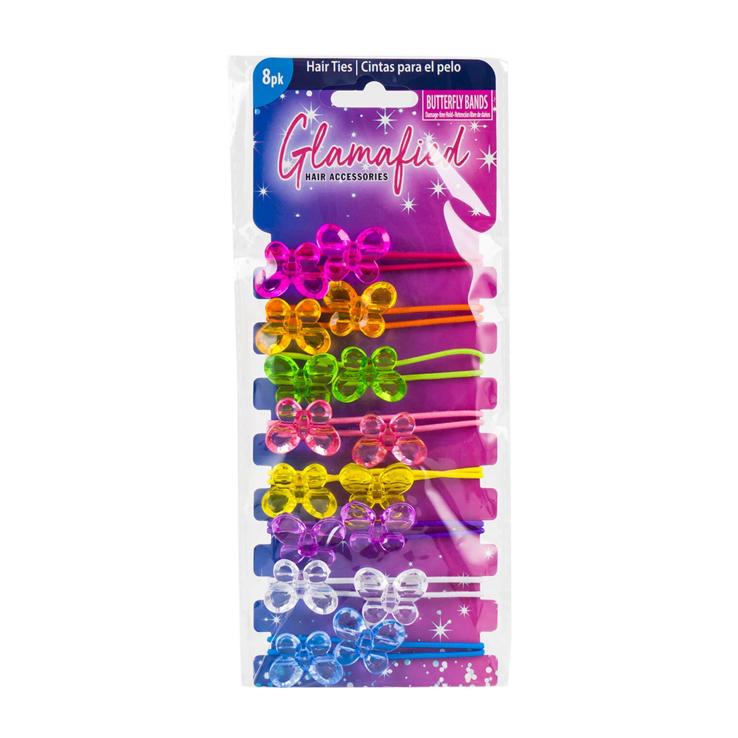 Glamafied Hair Ties - 8 Pack - Butterfly Bands - Assorted Colors