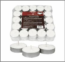 Tea light candles with a cardboard holder displaying brand information.