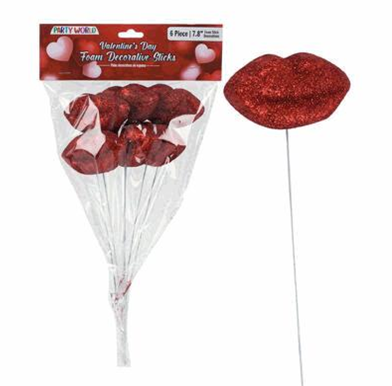 Valentine’s Day Glitter Heart Stick Decor, 6pc Set – 7.8" Sparkling Hearts