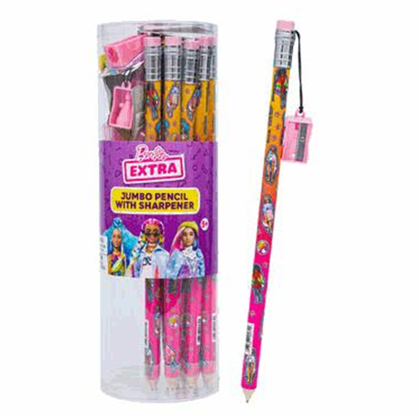 Barbie themed jumbo pencil with sharpener in packaging on a white background
