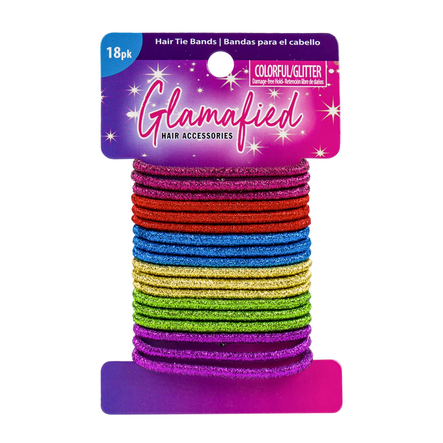 Glamafied Hair Tie Bands - 18 Pack - Colorful/Glitter - Damage-Free Holds - Assorted Colors