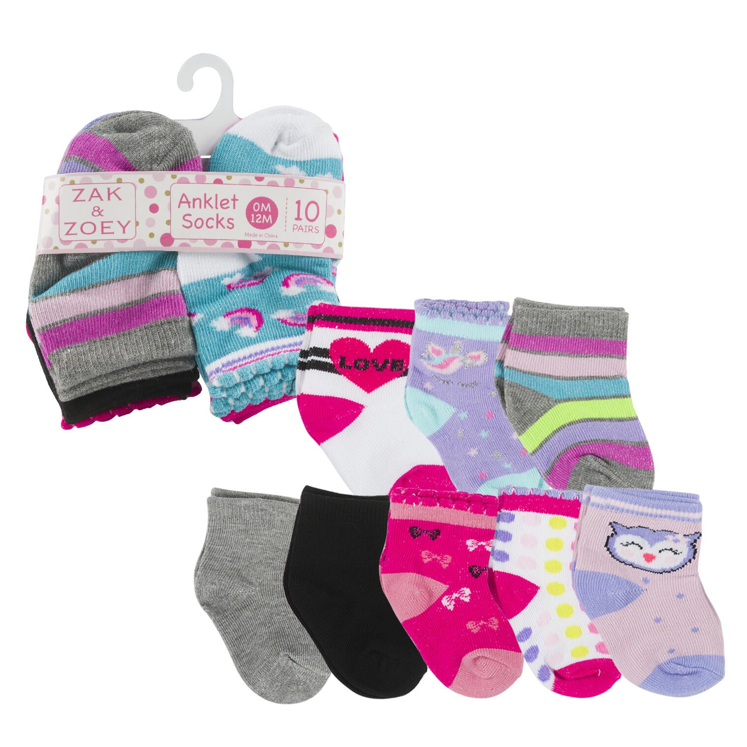 10pk Girls Ankle Socks- 0-12M- Assorted Designs