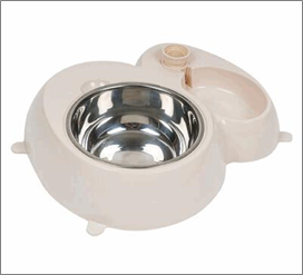 Pet water and food bowl with a white base and stainless steel interior on a white background