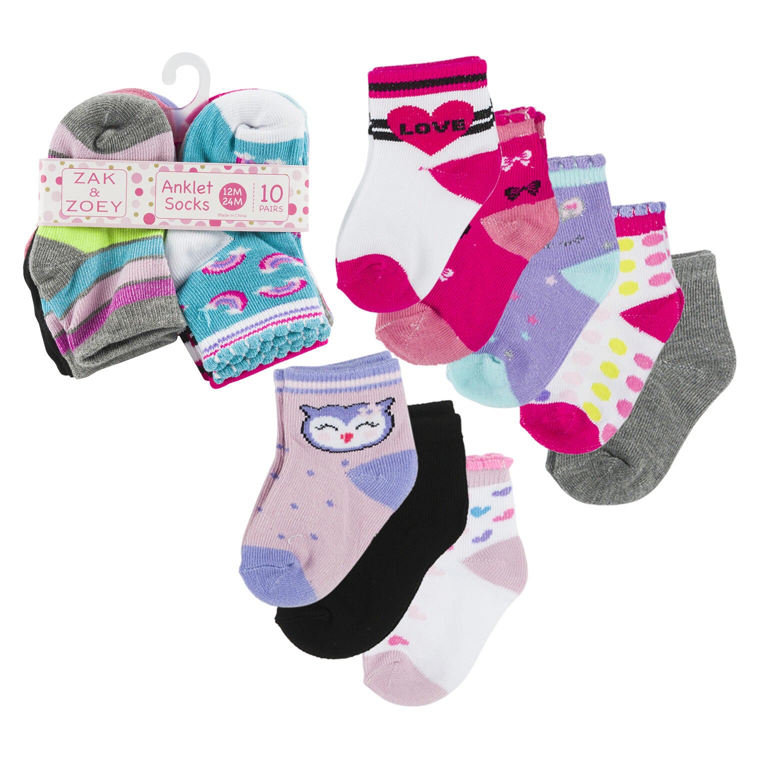 10pk Girls Anklet Socks- 12-24M- Assorted