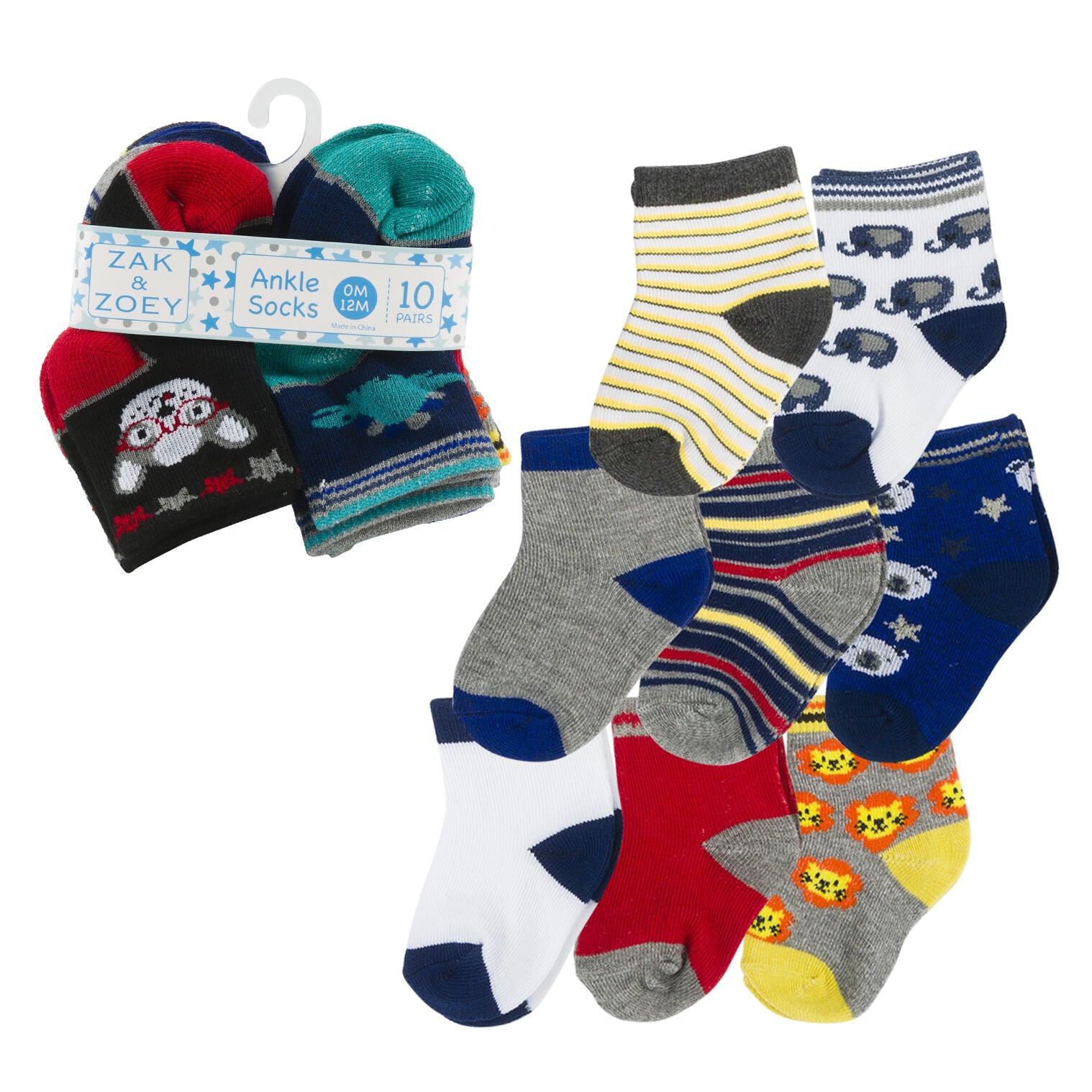 10pk Boys Ankle Socks- 0-12M- Assorted Designs