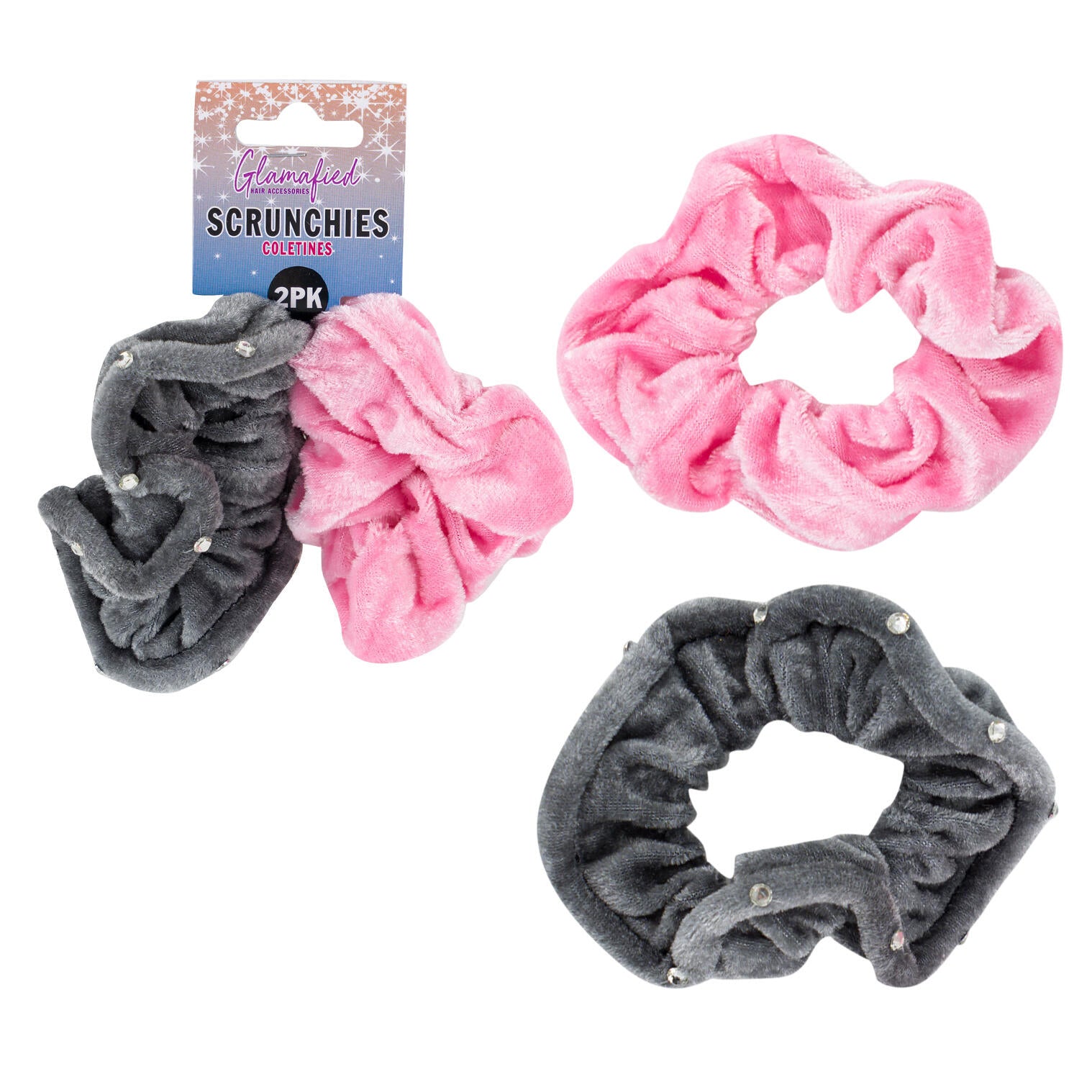 GLAMAFIED HAIR SCRUNCHIES - 3'' IN LENGTH 2 PACK PINK AND GRAY