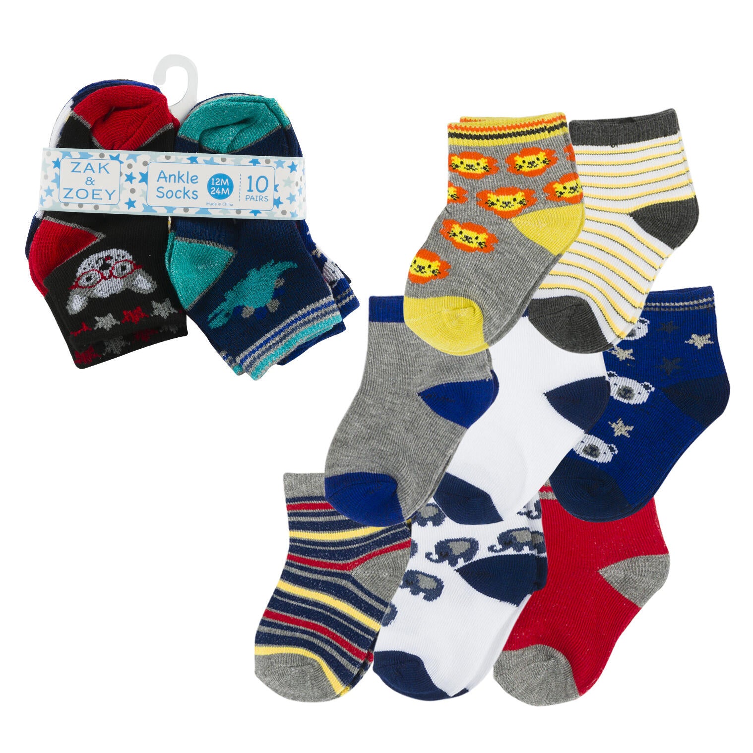 10pk Boys Ankle Socks- 12-24M- Assorted Designs