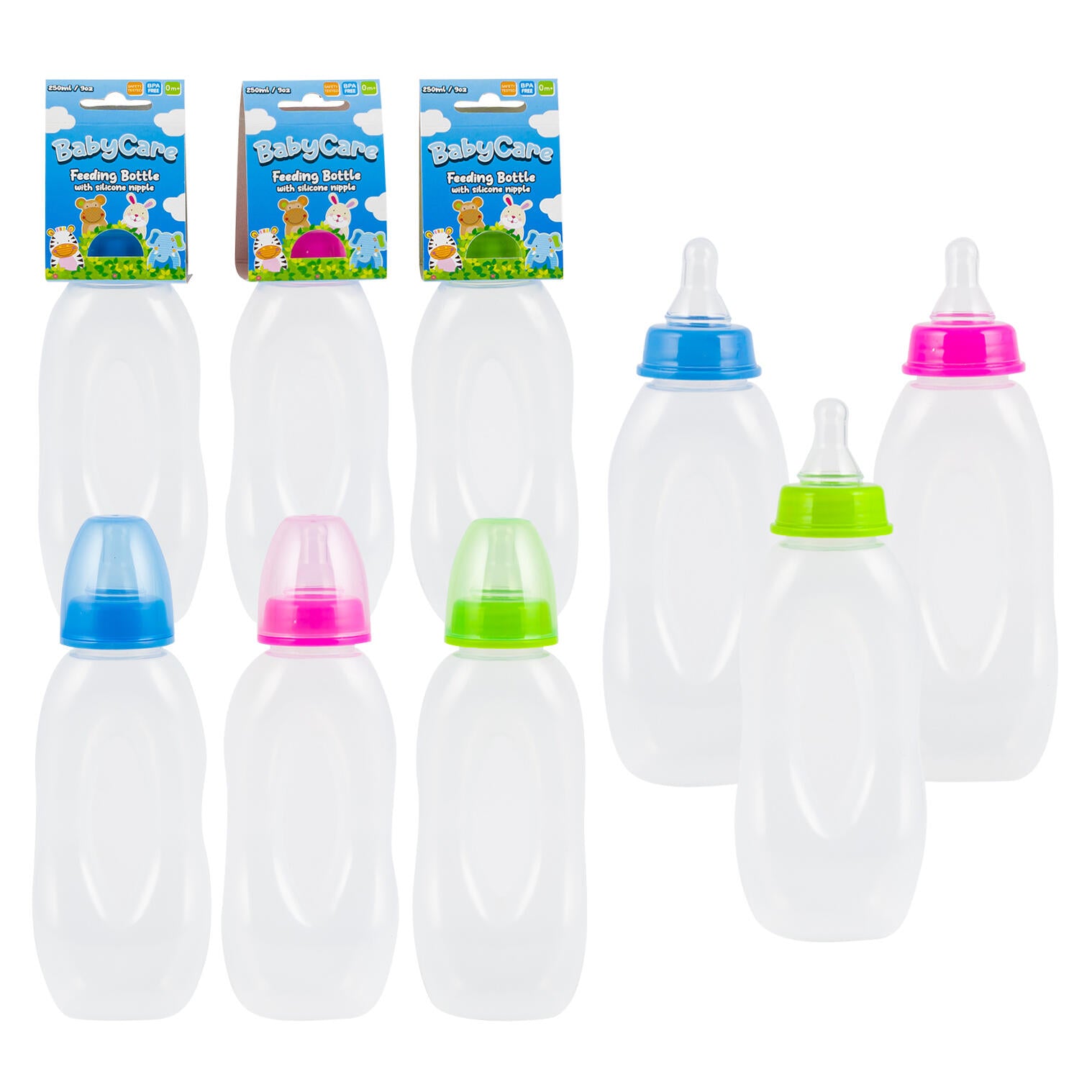 Baby Care 9oz Feeding Bottle with Silicone Nipple Assorted