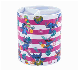 Cylindrical container with cartoon character design on a white background