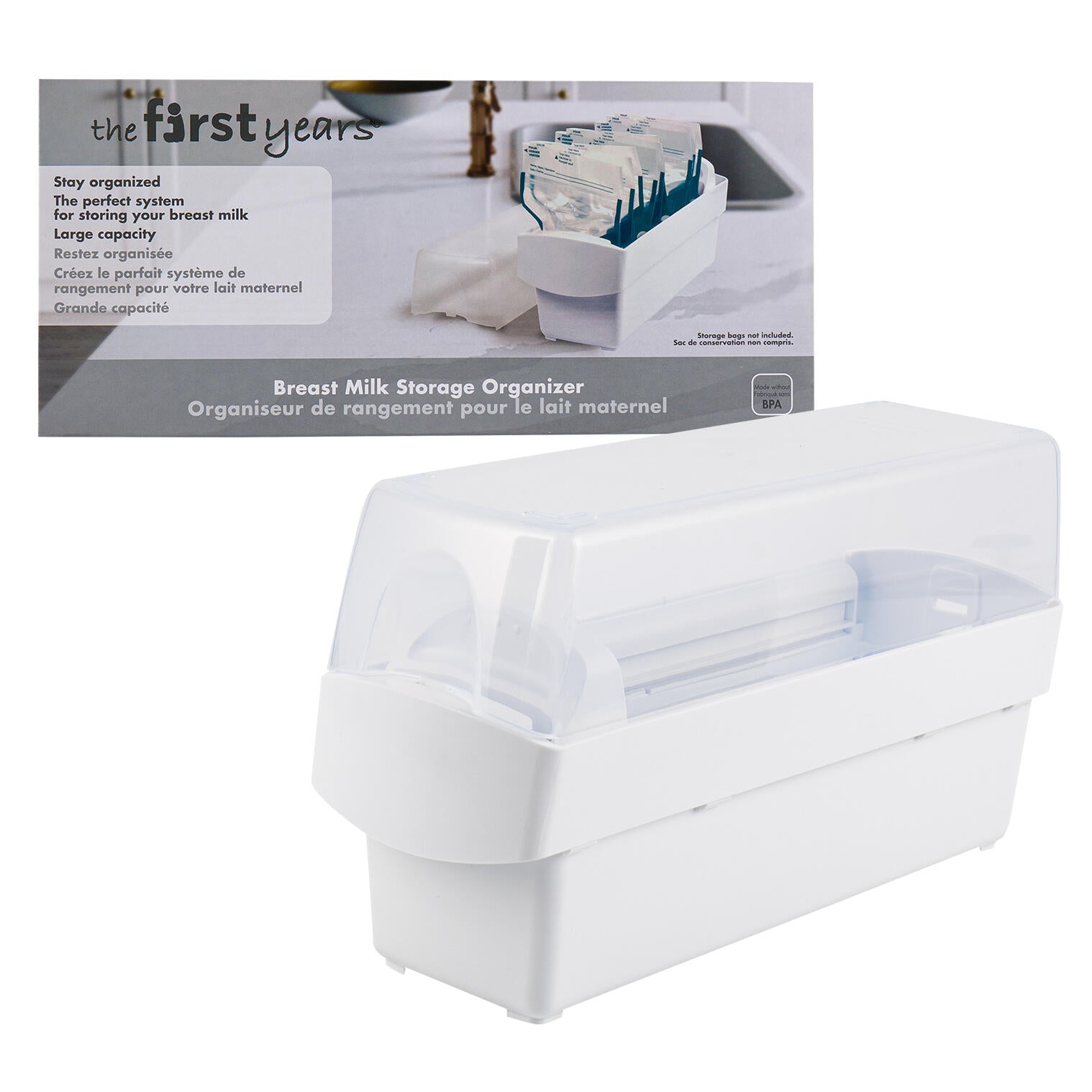 Breast milk storage organizer with packaging on a white background