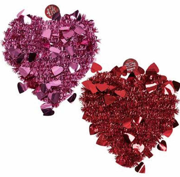 12" Heart Tinsel Décor, 2 Assorted