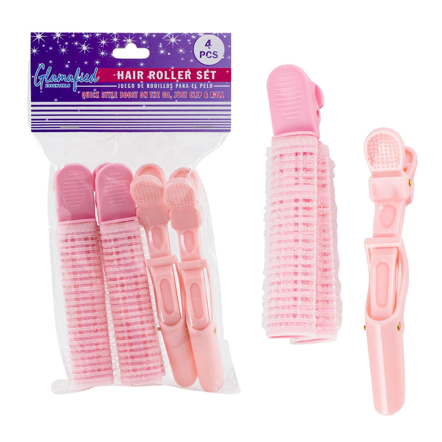 GLAMAFIED HAIR ROLLER SET - 4'' IN LENGTH 4 PIECES PINK