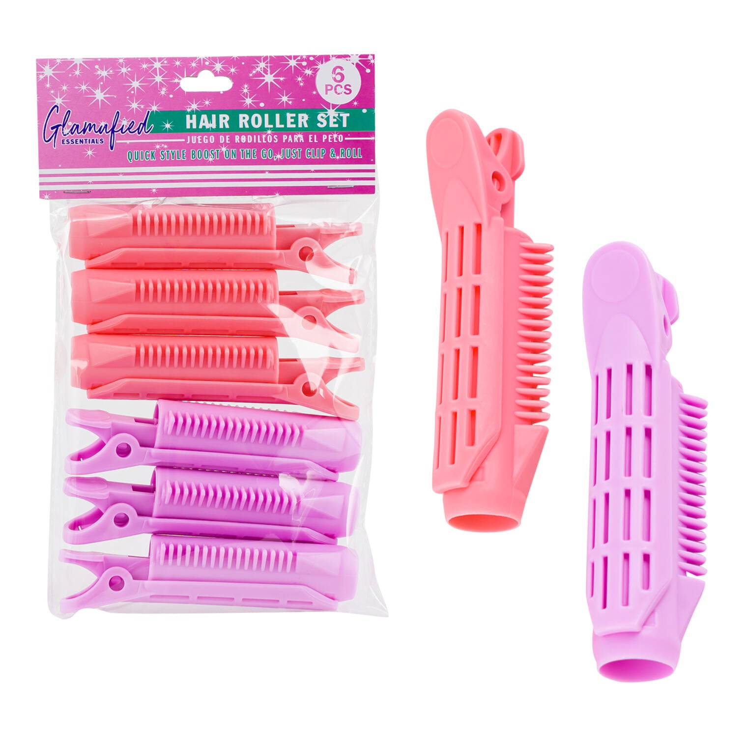 GLAMAFIED HAIR ROLLER SET - 4'' IN LENGTH 6 PIECES PINK AND PURPLE