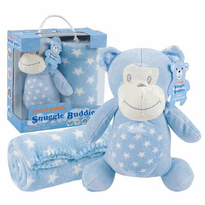 BLANKET,BLUE/WHTwMONKEY PLUSH