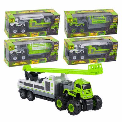 Toy truck with crane mechanism on a white background, surrounded by its packaging.